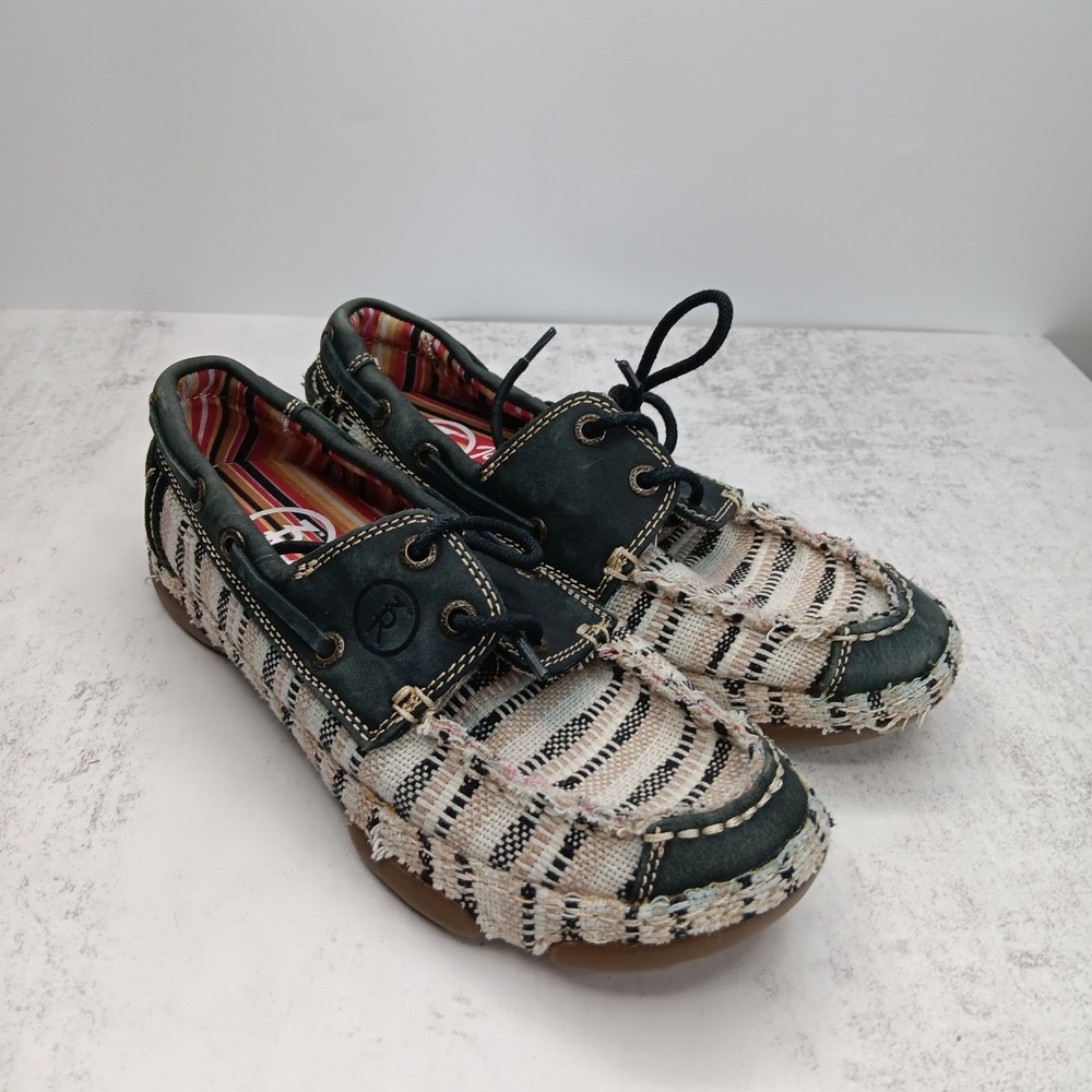 Tony Lama Lindale Boat Dock Loafer 7.5 Black Cream Tan Lace-Up Woven Casual Boho